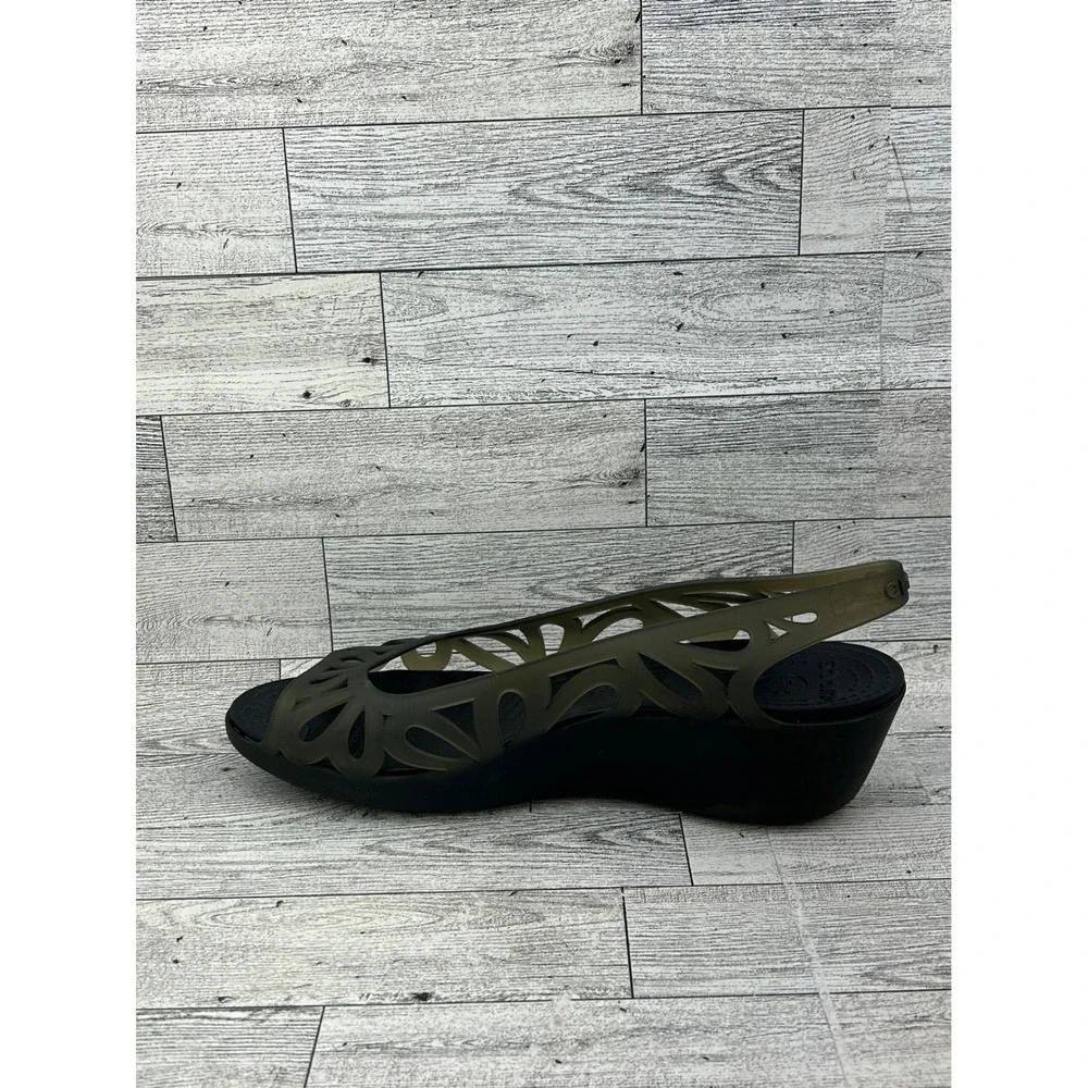 Crocs Adrina‎ III Peep Toe Wedge Sandals Army Green Black Womens 9 14937